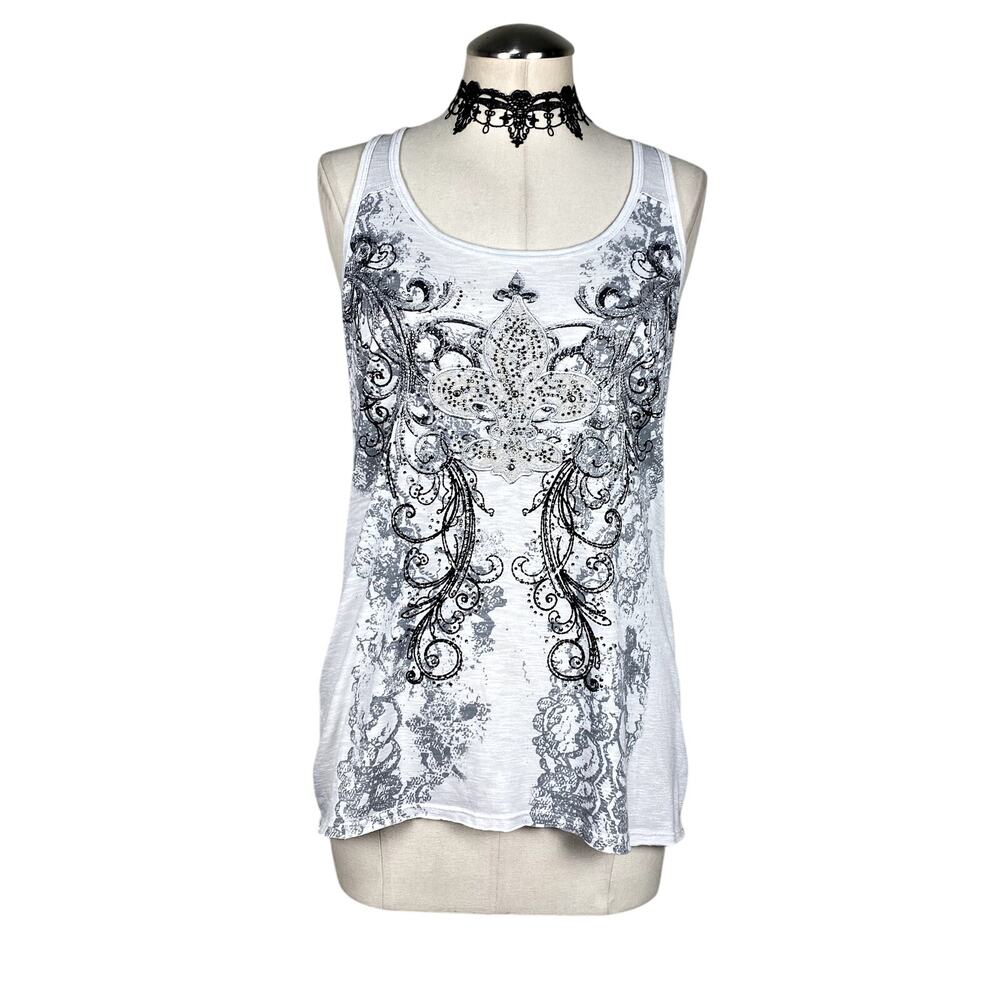 Vtg Y2K Bedazzled Rhinestone Cross Filigree White Goth Mallgoth Emo Tank Top SM